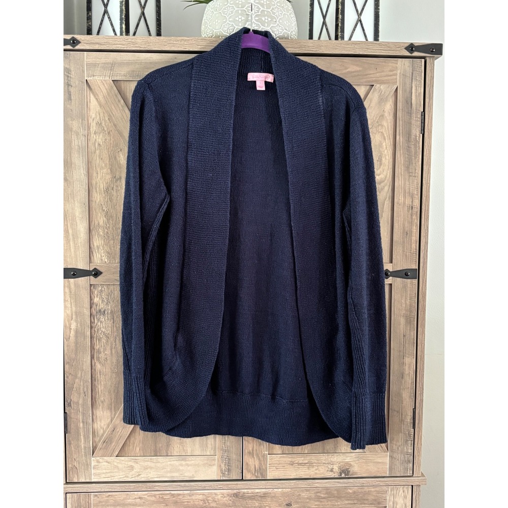 Lilly Pulitzer Womens Navy Blue Open Front Shawl Collar Knit Cardigan Sweater L